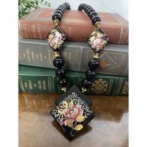 Vintage Japan Floral Necklace Black Lacquer Hand Painted Rose Beads MCM 24.5"